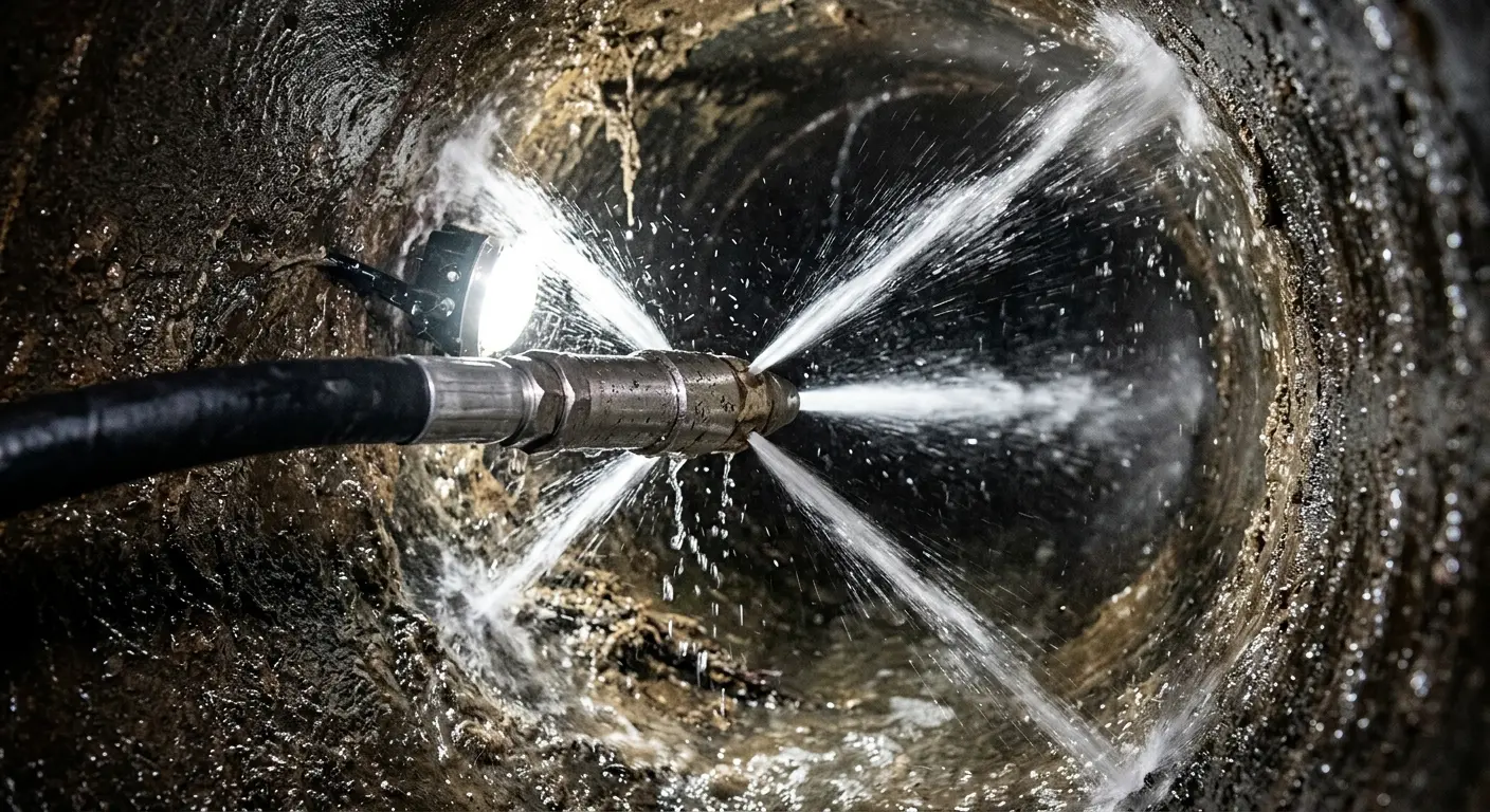 High-pressure hydro jetting nozzle cleaning sewer pipe for Trenchless Sewer Repair in CaÃ±on City