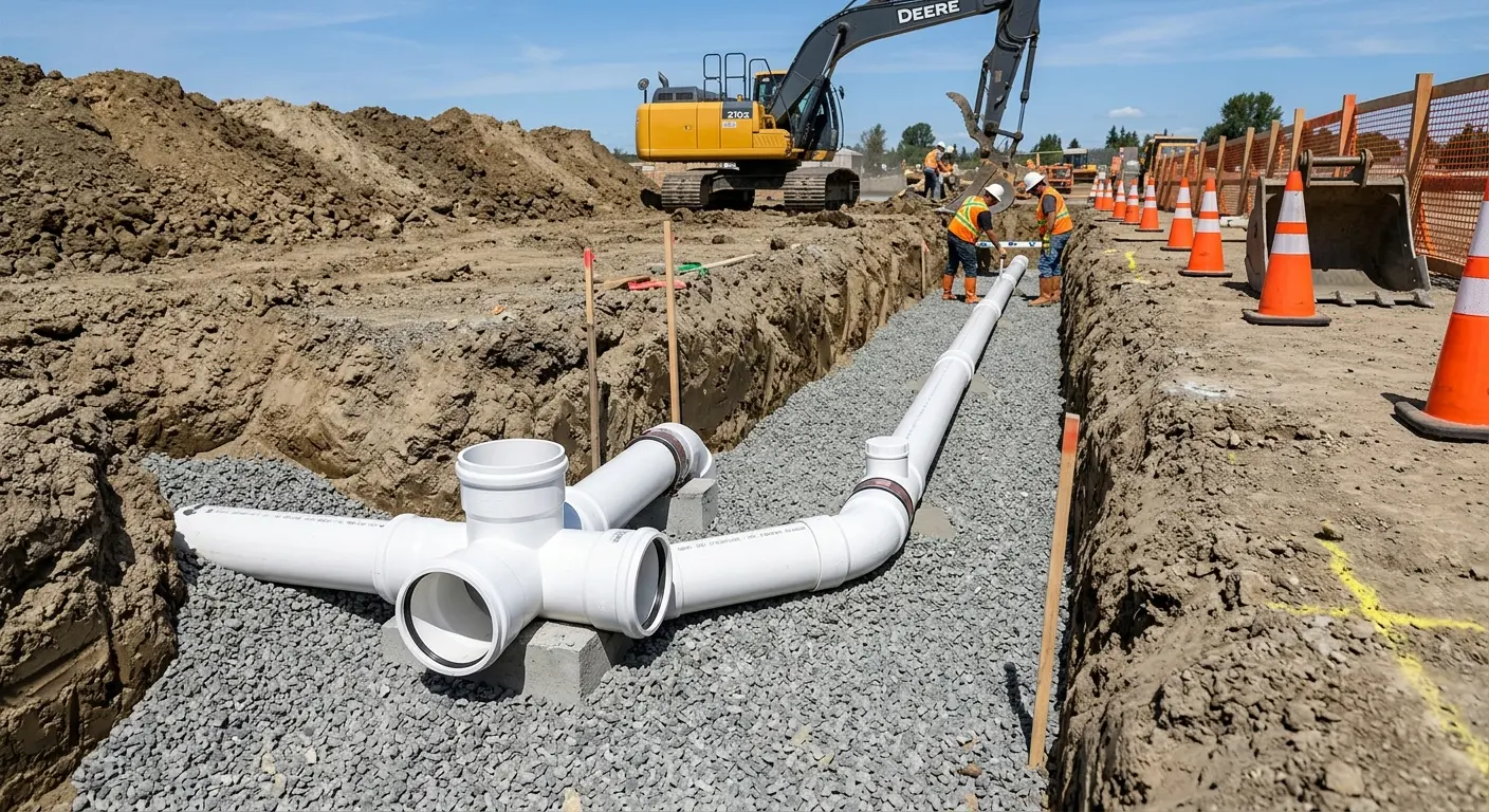 New PVC sewer pipe installation in open trench for Sewer Backup in CaÃ±on City