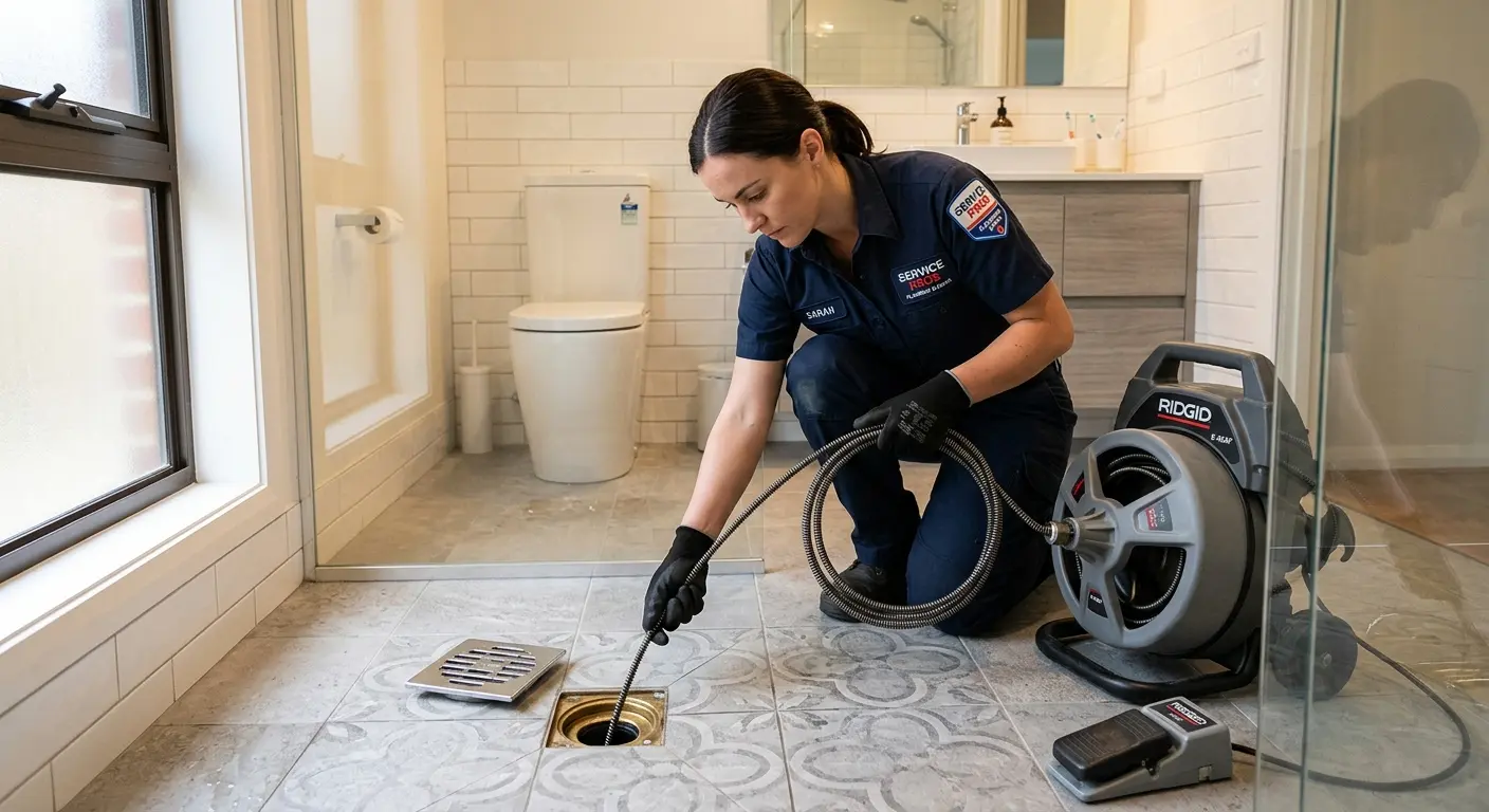 Technician clearing a bathroom floor drain for Sewer Line Replacement in CaÃ±on City